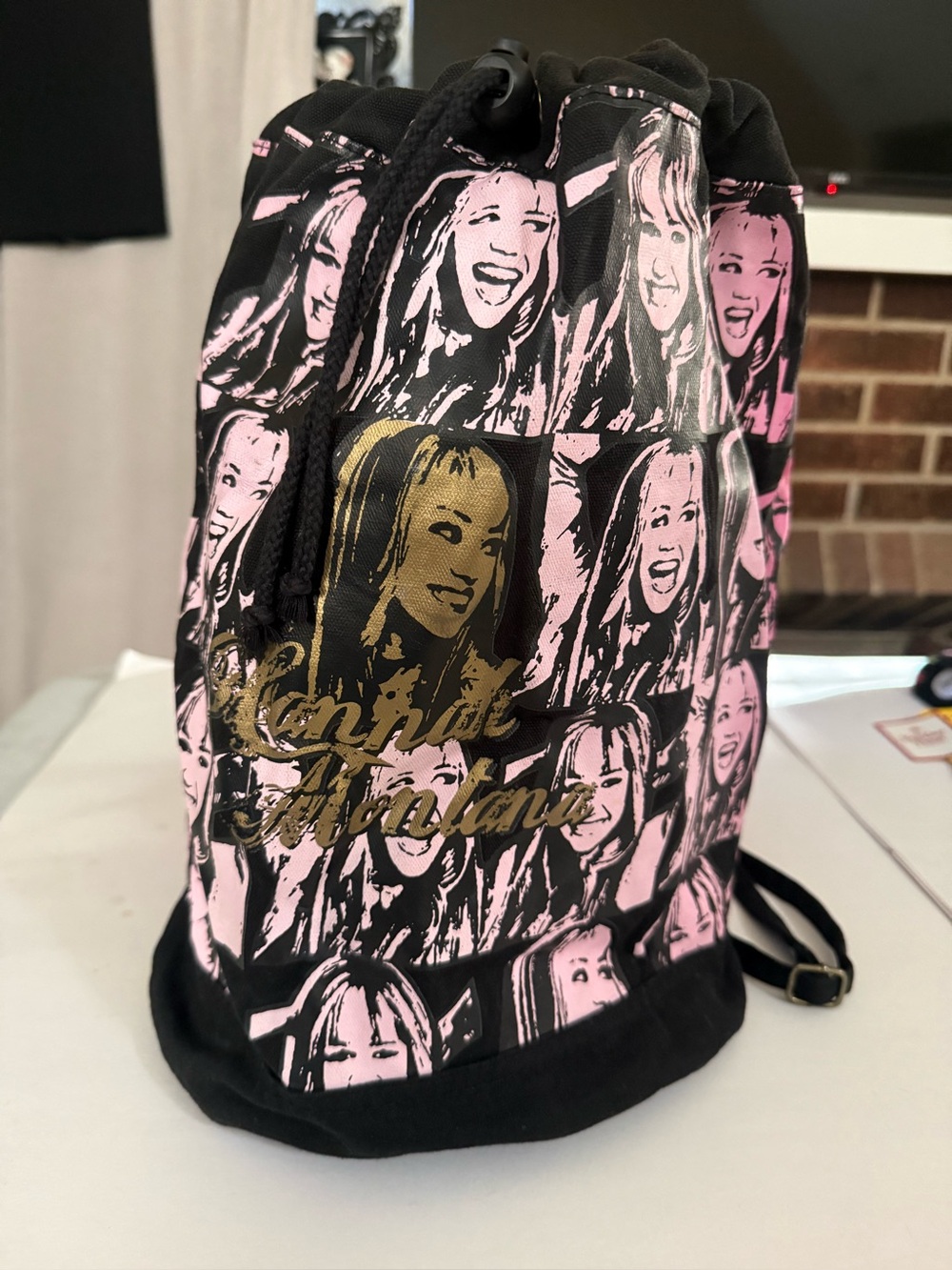 Hannah Montana Pink & Black Graphic Drawstring Backpack with Gold Script